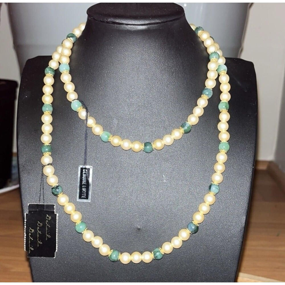 Vintage 1970s Genuine Emerald and Cream Lucite Bead Necklace Original Tag 36”